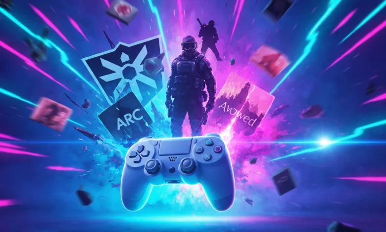 Gaming controller with soldier and game logos floating in a neon-lit, dynamic scene.