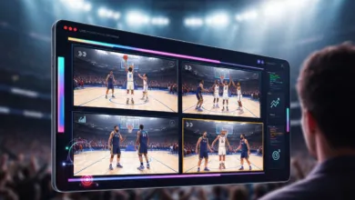 Person watches live basketball game on a large screen with multiple views and stats.
