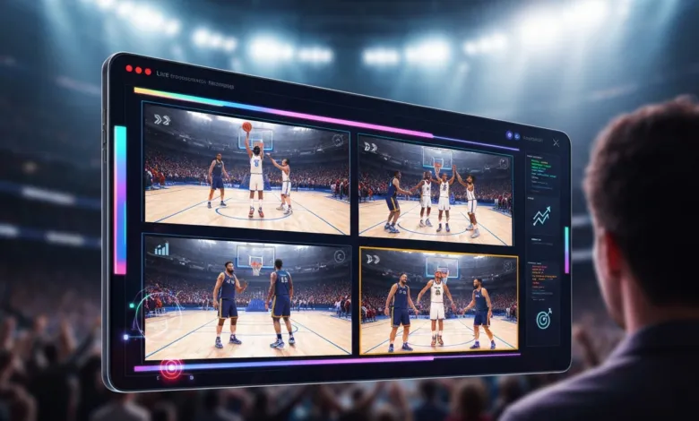Person watches live basketball game on a large screen with multiple views and stats.