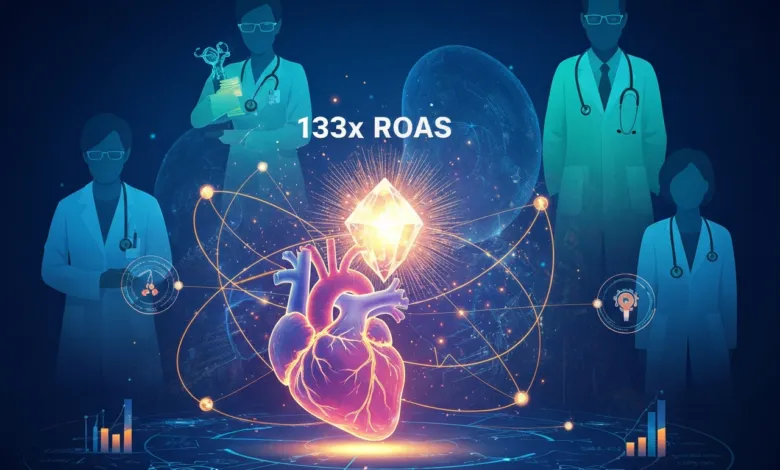 Medical illustration with heart, doctors, and '133x ROAS' text.