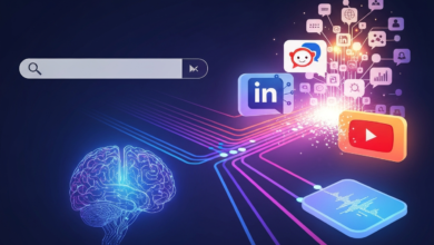 AI-powered social media marketing with brain, search bar, and social icons.