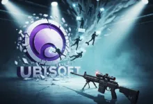 Ubisoft logo breaking apart with figures holding glowing screens, rifle in foreground.