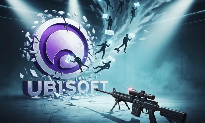 Ubisoft logo breaking apart with figures holding glowing screens, rifle in foreground.