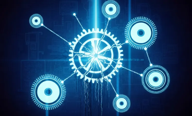 Glowing blue gears connected by lines on a dark blue background.