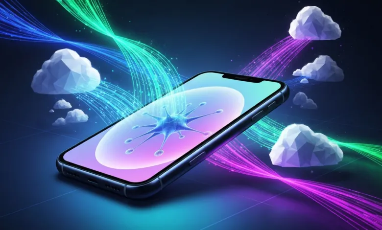 Smartphone with virus graphic and cloud data streams in green and purple.