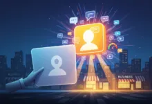 Hand holding profile icon with social media icons radiating outward.