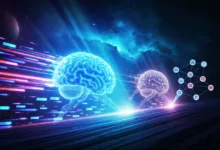 Two glowing brain outlines with connected icons against a cosmic background.