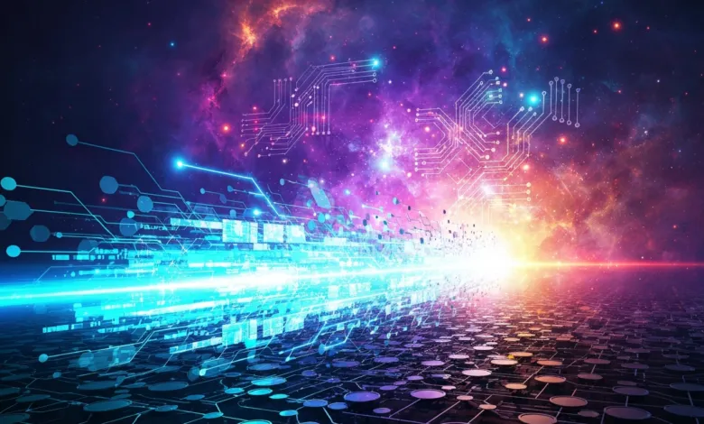 Abstract digital landscape with circuit patterns and cosmic background.