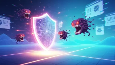 Glowing shield protects against pixelated virus threats in a digital landscape.