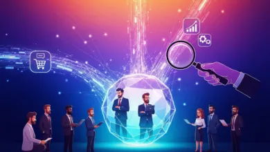 Business team analyzes data within a digital sphere using a magnifying glass.