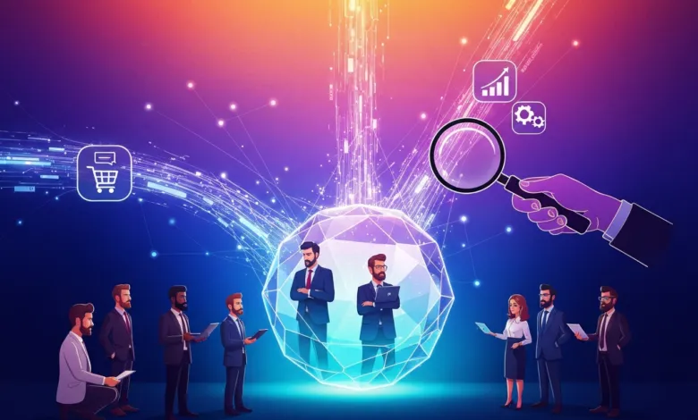 Business team analyzes data within a digital sphere using a magnifying glass.