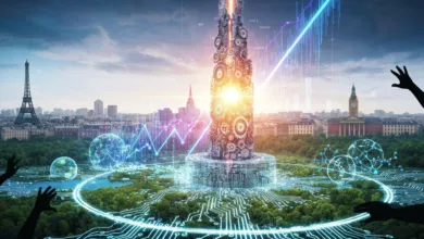 Futuristic cityscape with gear tower, circuit paths, and rising graph.