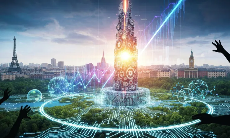 Futuristic cityscape with gear tower, circuit paths, and rising graph.