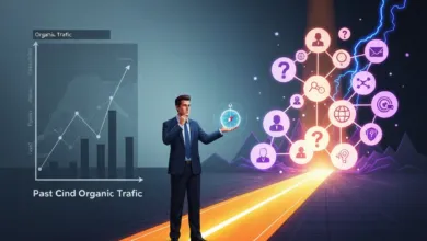 Man in suit presents organic traffic growth with data and digital icons.