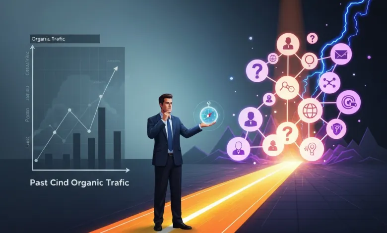 Man in suit presents organic traffic growth with data and digital icons.
