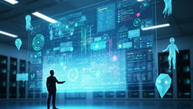 Silhouette of person interacting with a large, glowing data display.