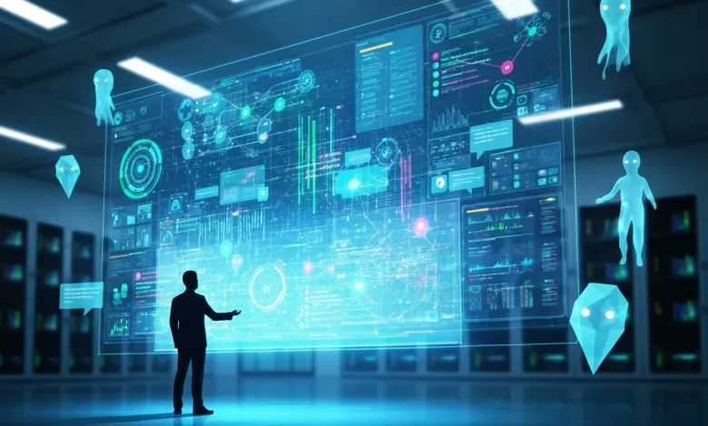 Silhouette of person interacting with a large, glowing data display.