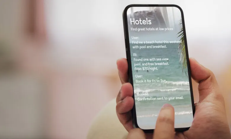 Person using hotel booking app on smartphone with AI assistant.