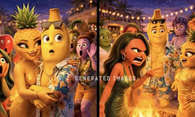 AI-generated image of anthropomorphic fruits in dramatic scenarios, split screen.