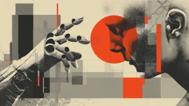 Abstract art depicting a robotic hand reaching towards a human face.