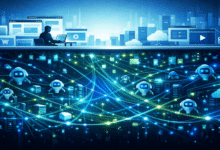 AI bots connect in digital network above human using computer, blue tones.