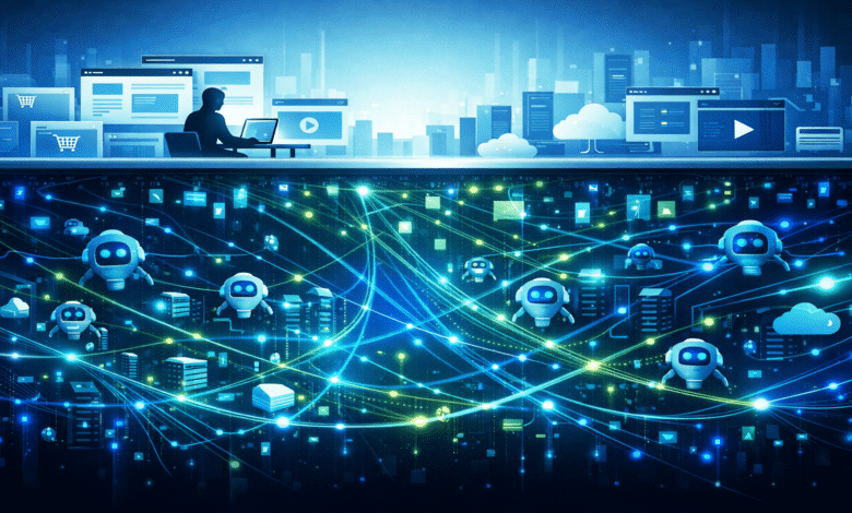 AI bots connect in digital network above human using computer, blue tones.