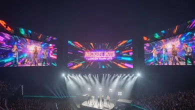 Backstreet Boys perform 'Larger Than Life' on stage with vibrant screens and a packed audience.