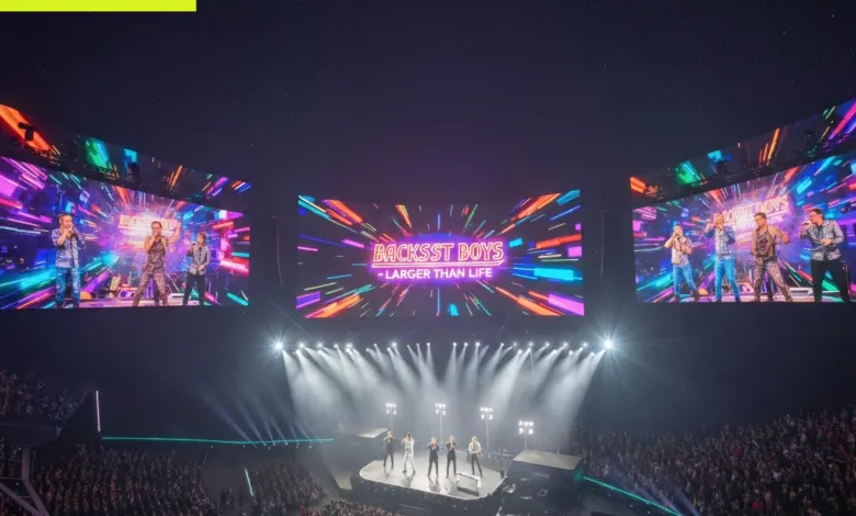 Backstreet Boys perform 'Larger Than Life' on stage with vibrant screens and a packed audience.
