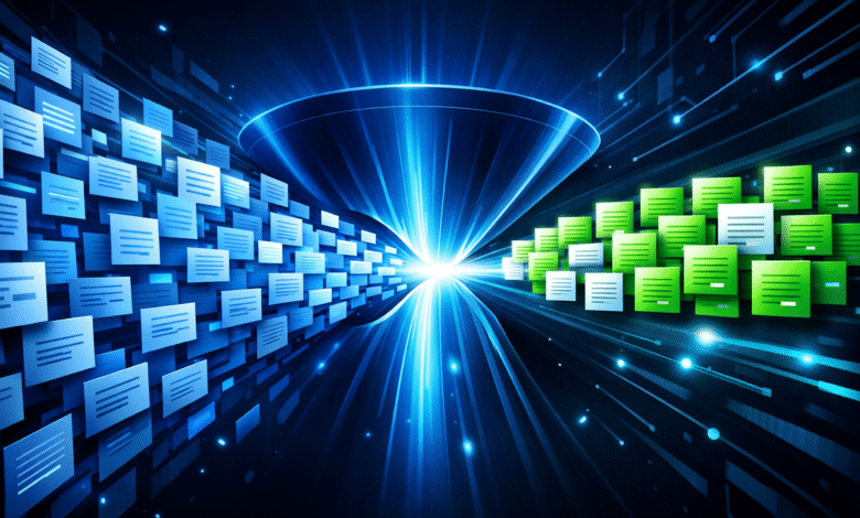 Blue and green document icons converge through a funnel of light.