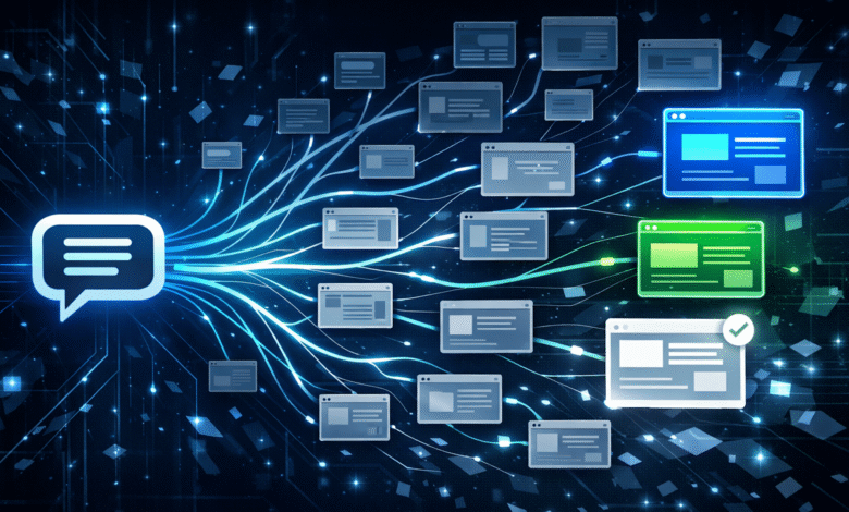 Abstract image of a speech bubble connected to multiple web browser windows by glowing lines.