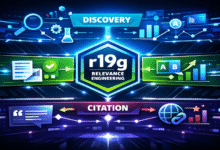 Abstract graphic representing discovery, relevance engineering, and citation.