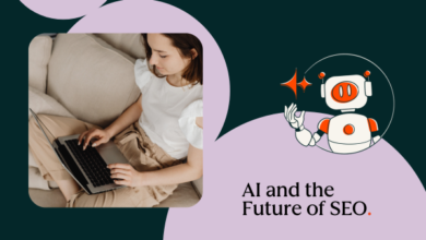 Woman using laptop with AI robot graphic, representing AI and SEO.