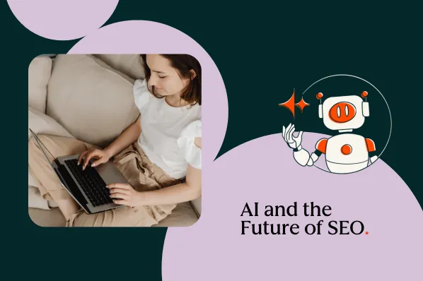Woman using laptop with AI robot graphic, representing AI and SEO.