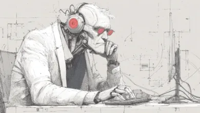 Sketch of cyborg man with headphones and glasses at computer.