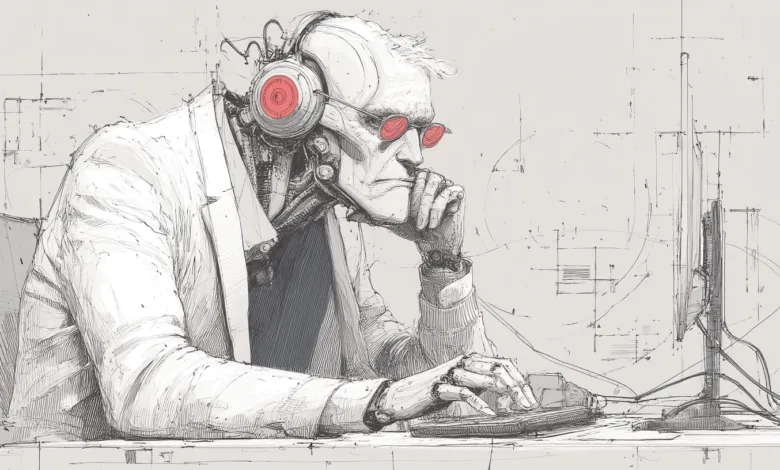 Sketch of cyborg man with headphones and glasses at computer.