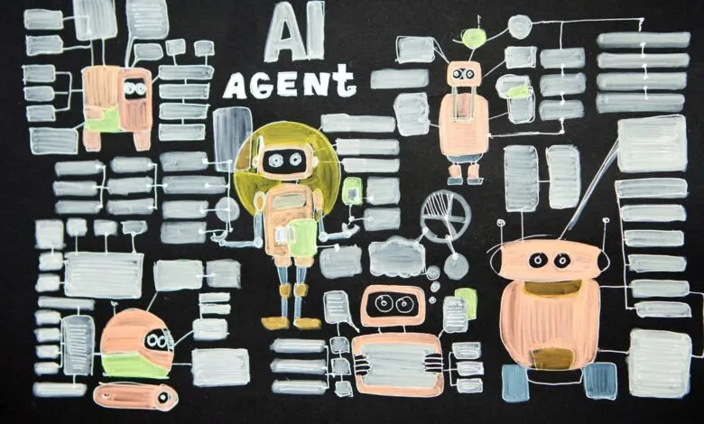 Hand-drawn AI agent diagram with robots and data flow on a black background.
