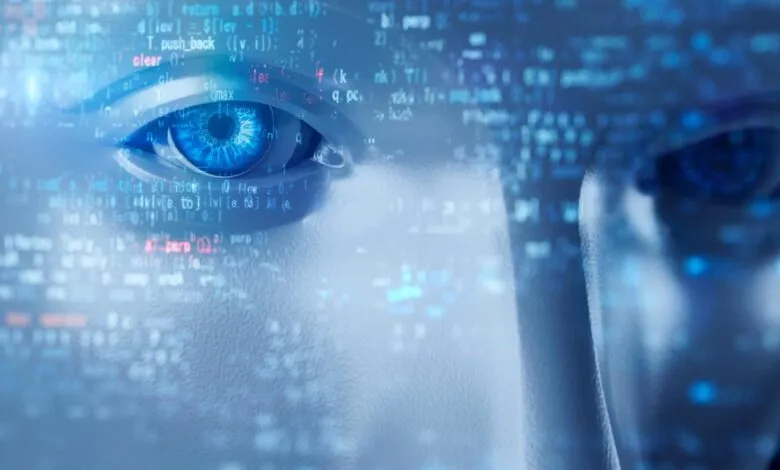 Close-up of a robotic face with code overlay, symbolizing AI.