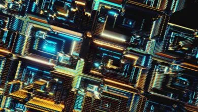 Abstract geometric pattern with blue and gold glowing lines and shapes.