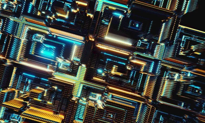 Abstract geometric pattern with blue and gold glowing lines and shapes.