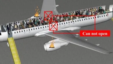 Cutaway view of airplane with passengers evacuating via slides, engine fire.
