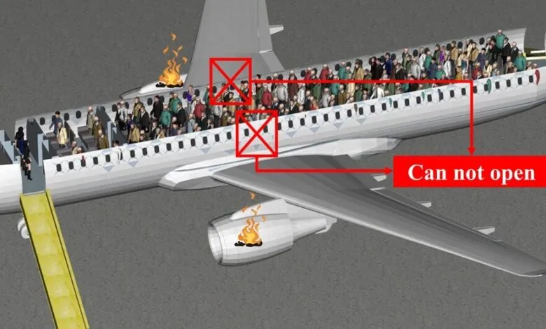Cutaway view of airplane with passengers evacuating via slides, engine fire.