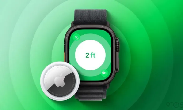 Apple Watch Ultra displaying AirTag precision finding, showing 2 feet distance.