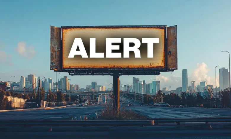 Billboard with the word 'ALERT' against a city skyline backdrop.
