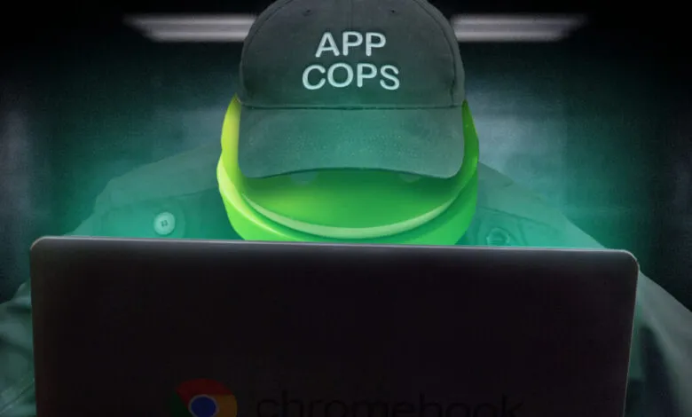 Android robot wearing 'APP COPS' hat using a Chromebook.