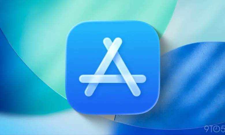 Apple App Store logo on a blue rounded square with a light blue background.