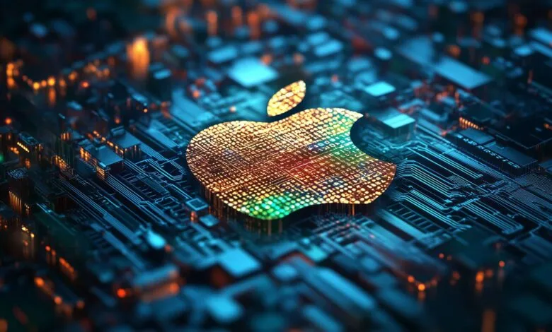 Apple logo rendered as a circuit board on a blue electronic background.