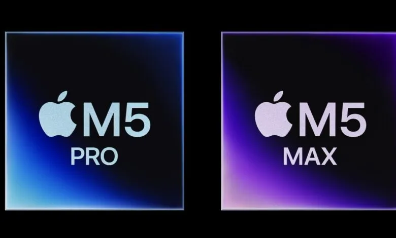 Apple M5 Pro and M5 Max chip designs with Apple logo and text.