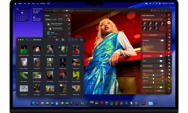 Apple laptop displaying photo editing software with a model and various editing tools.