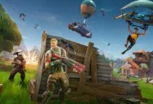 Fortnite characters in action, jumping from Battle Bus, fighting.