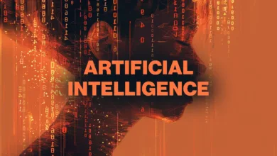 Abstract AI image: Digital face with binary code and orange background.